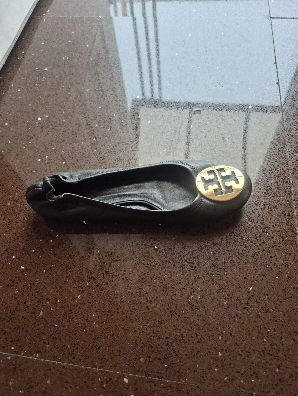 Tory Burch Black Leather Ballet Flats with Gold Logo Medallion